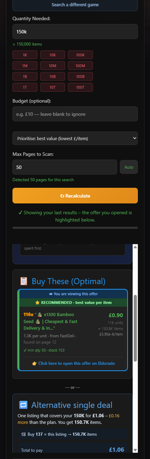 An Eldorado offer page with the quantity box filled in automatically