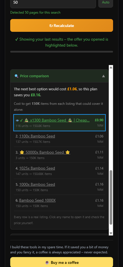 Price comparison listing what each offer would cost for the same quantity