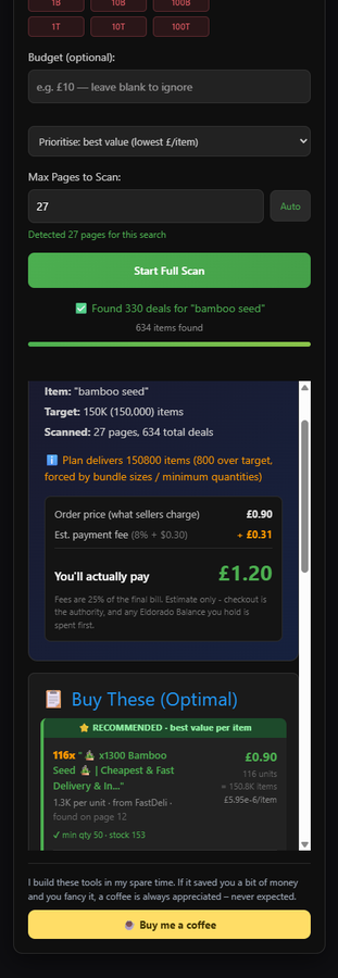 The finished purchase plan showing the total including payment fees