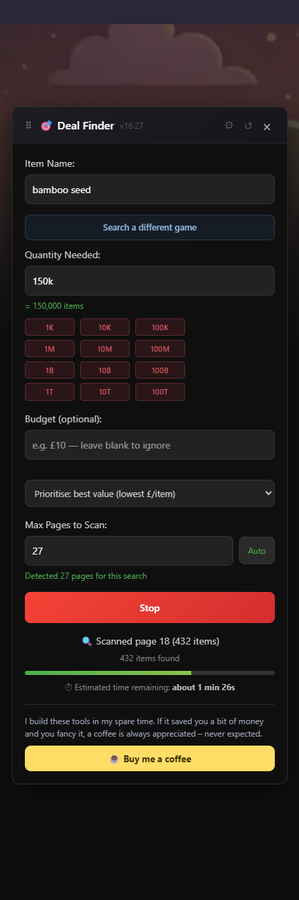 The Deal Finder panel part-way through a scan, showing progress and time remaining